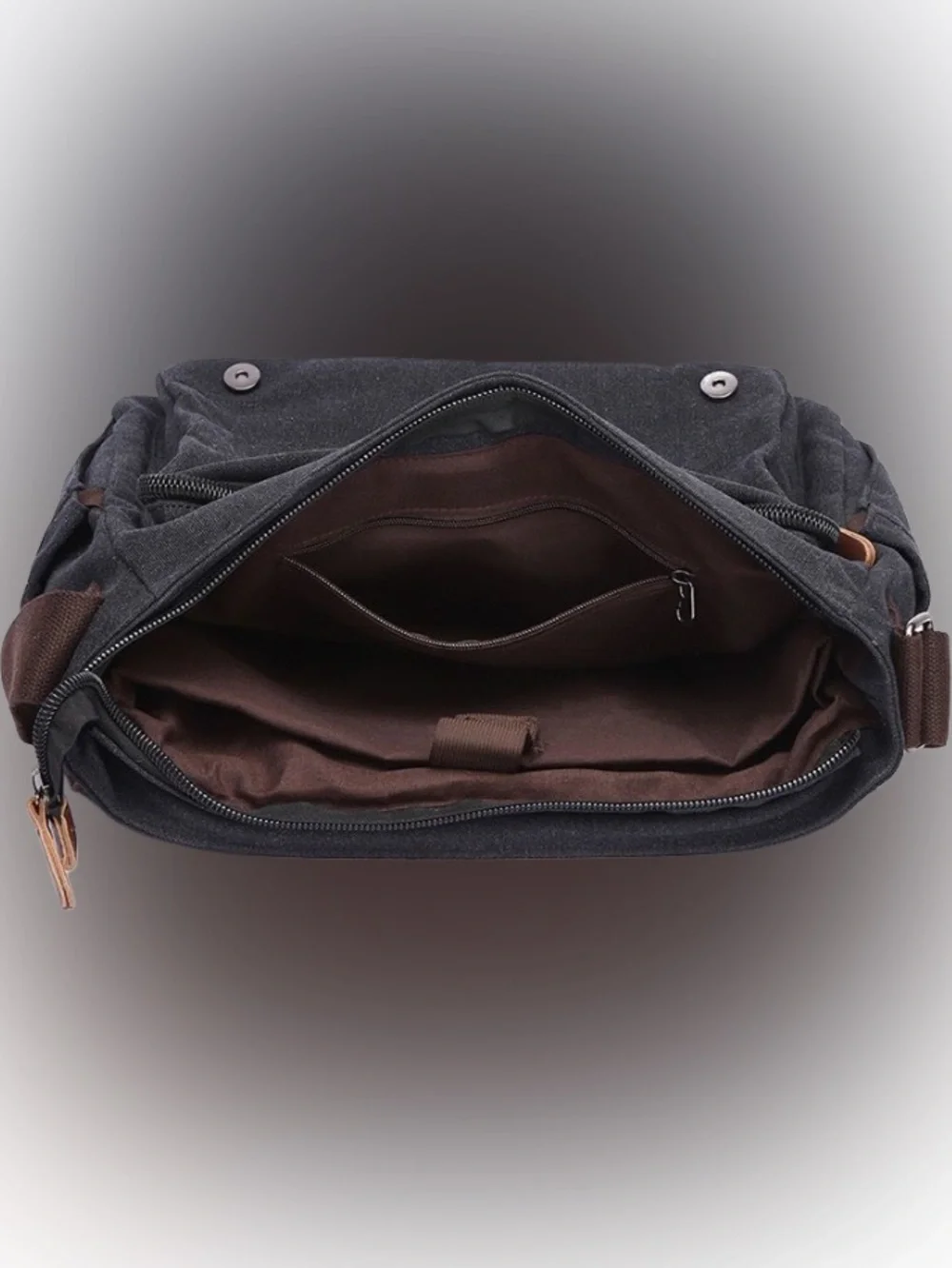 Canvas Messenger Bag for Men in Black with Brown Accents